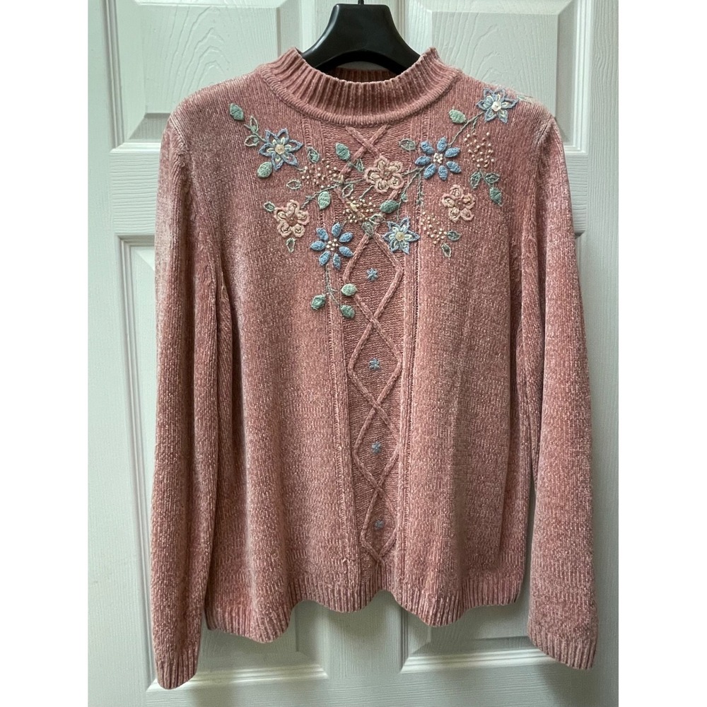 Alfred Dunner Women's XLarge Beaded Embroidered Floral Chenille Mock Sweater - Picture 2 of 14